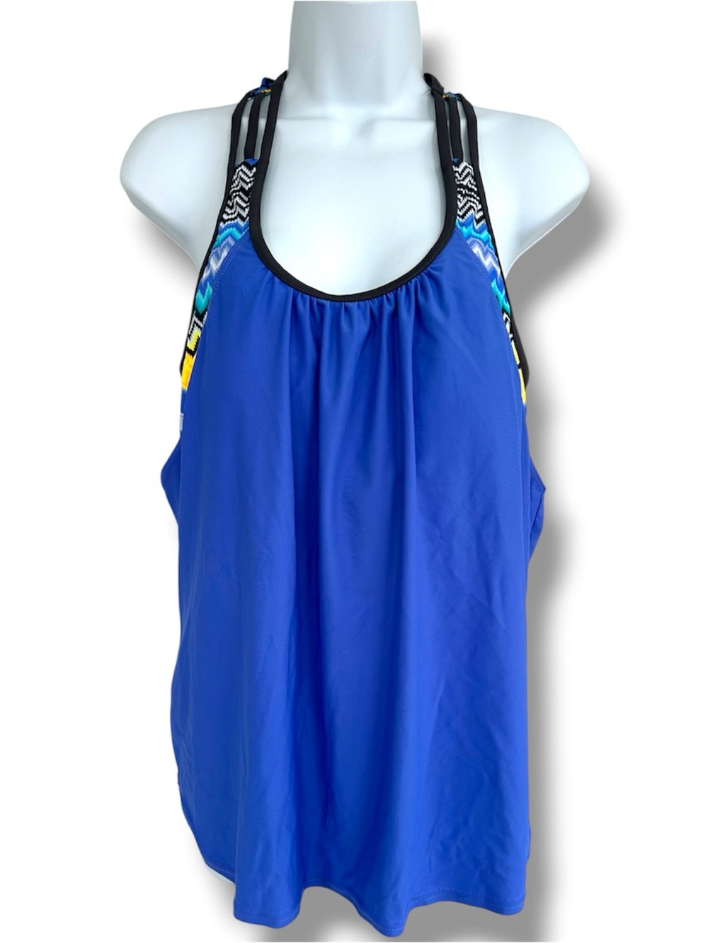 Blue Women’s Swim Tankini Top with Patterned Straps